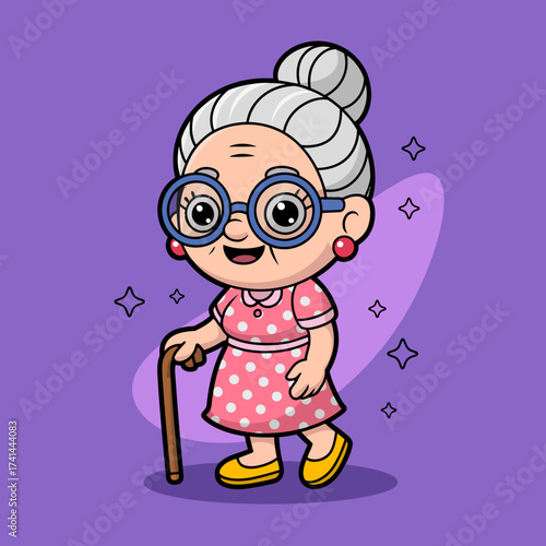An endearing elderly woman with glasses, a bright pink dress, and a cane, representing wisdom and warmth, conveying a sense of comfort and nostalgia in an artistic style.