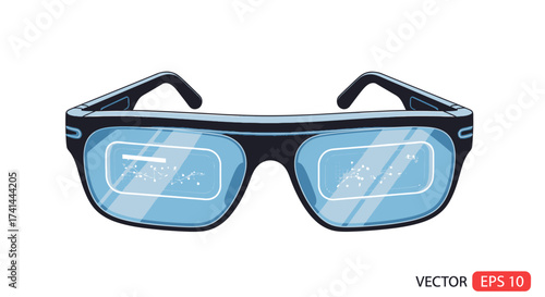 Futuristic black-framed glasses with glowing blue digital displays.