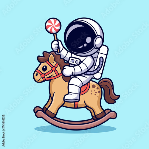 This imaginative image depicts an astronaut joyfully riding a rocking horse while holding a lollipop, blending the thrill of space exploration with childhood nostalgia.