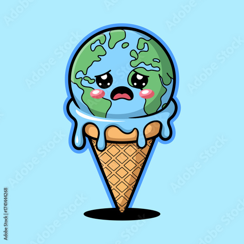 A sad Earth represented as melting ice cream, symbolizing climate change and environmental concerns, provoking awareness and emotions about global warming.