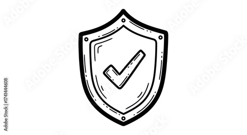 Hand-drawn shield with checkmark security symbol protection icon assurance safety and validation.