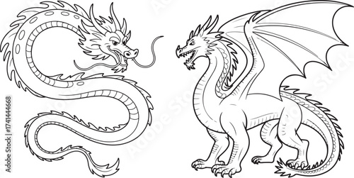 Big Dragon black and white coloring pages for adults.