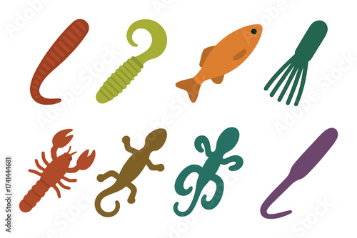 Colorful fishing lures and baits on gradient background