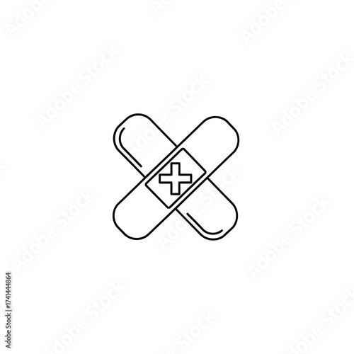 Outline icon of two crossed band-aids with a medical cross symbol in the center, representing first aid or injury.