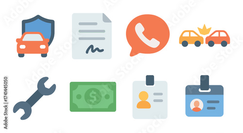 Car insurance icons: claims, policy, repairs, communication, payment, identification