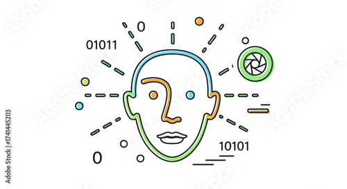 Abstract Digital Human Head Outline with AI and Facial Recognition Data.