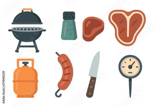 Bbq icons: grill, steak, sausage, knife, gas tank, salt shaker, thermometer