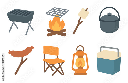 Camping icons set: grill, campfire, s'more, pot, sausage, chair, lantern, cooler