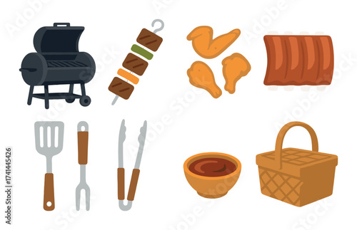 Illustrated bbq essentials: grill, skewers, ribs, chicken, tools, basket, sauce