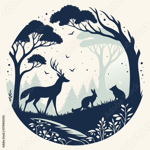 Silhouette of a deer, rabbit, and cat in a forest landscape at night