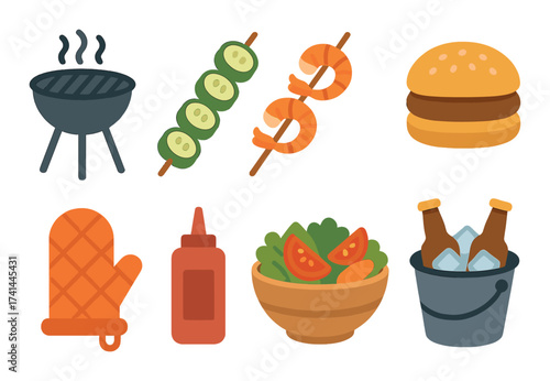 Barbecue party essentials: grill, skewers, burger, salad, drinks, and condiments illustrated