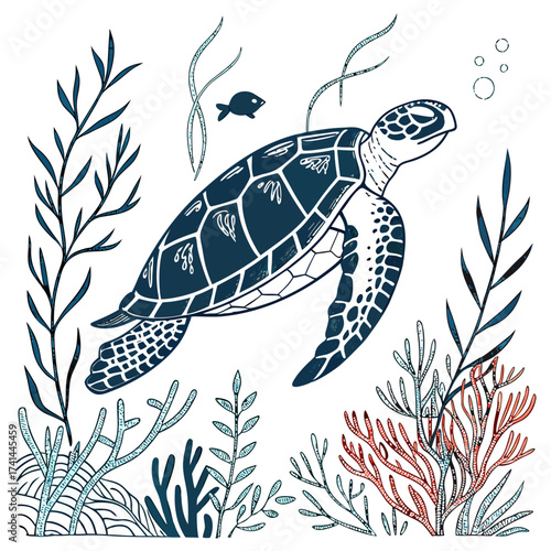 Sea turtle swimming in the ocean with coral reefs and a small fish around