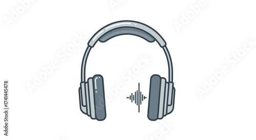 Detailed illustration of modern over-ear headphones with sound wave graphic.