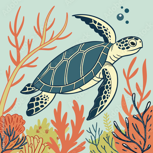 Sea turtle swimming among coral reefs in the ocean with bubbles around