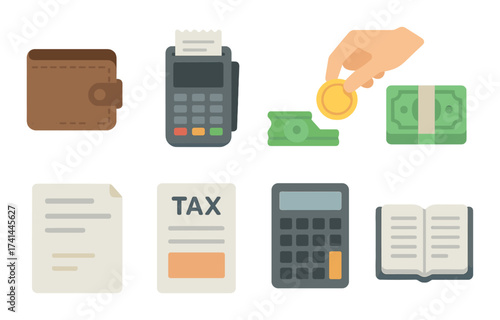 Financial essentials: wallet, calculator, and tax documents icons in soft glow