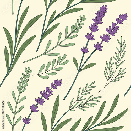 Lavender sprigs and leaves pattern on light yellow background, botanical design