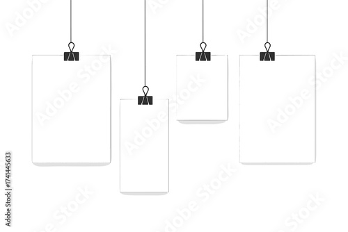 Vector poster mockup with blank paper sheets hanging on black binder clips. Paper gallery set for presentation, portfolio, or noticeboard display. Frame template on transparent.