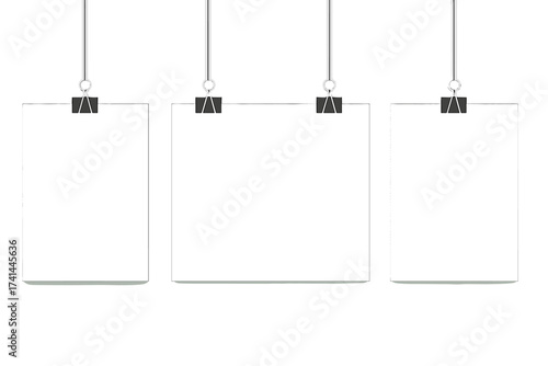 Vector poster mockup with three blank paper sheets hanging on office binder clips. Realistic empty frame set for gallery, portfolio, or presentation. A4 paper template.