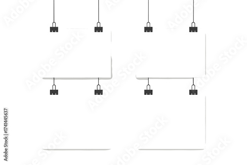 Poster mockup vector template. Blank paper sheets hanging on office binder clips. Empty white page frames for portfolio display, gallery wall, advertising, or presentation.