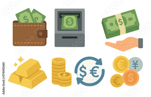 Financial symbols wallet atm cash currency exchange gold coins hand money