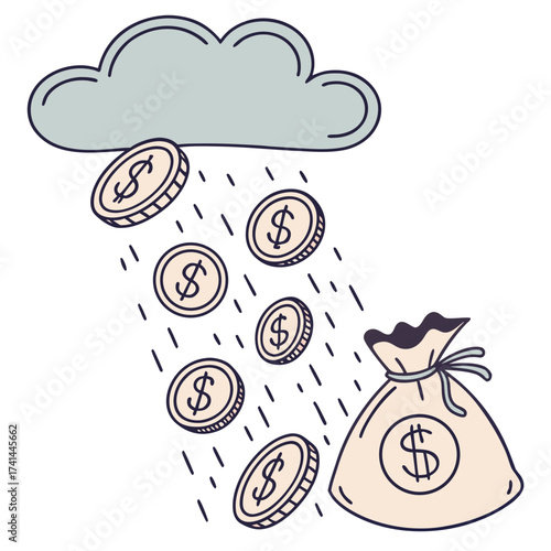 Its raining money from the cloud into a money bag