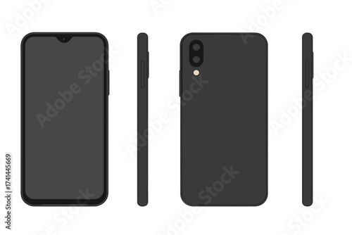 Realistic modern smartphone set with black flat design, front, back and side views, vector illustration with transparent background, sleek mobile phone graphic for tech and communication