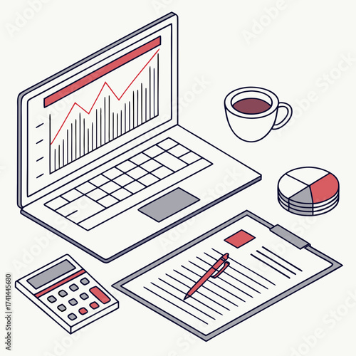 Isometric office scene showing financial analysis