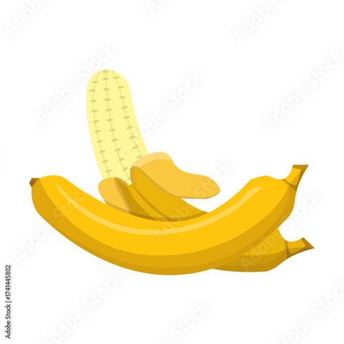 A bunch of ripe yellow bananas one partially peeled revealing its delicious fruit