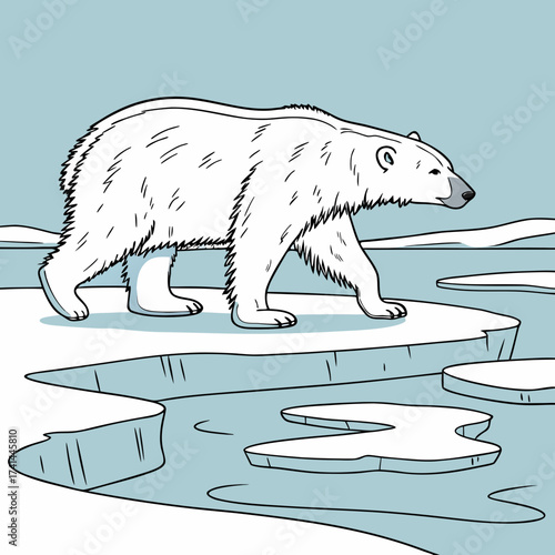 Illustration of a polar bear walking on ice floes in a blue environment