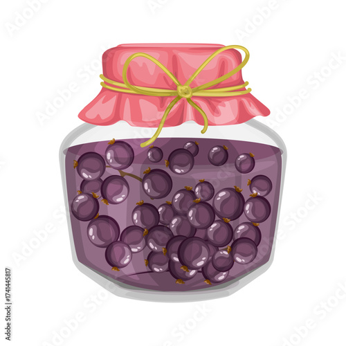 Homemade blackcurrant jam preserved in a glass jar with a pink cloth lid tied with yellow ribbon