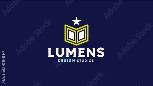 LUMENS Design Studios Logo with Star and Open Book Symbol – Elegant Yellow and Blue Vector Branding for Creative and Educational Use
