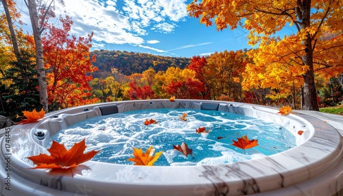 青空と秋の風景を見渡すことができる大きなジャグジー付のお風呂。水面には紅葉落ち葉が浮かんでいる。AIで生成
