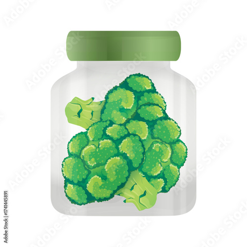 Fresh green broccoli florets preserved in a clear glass jar with a green lid on a black background