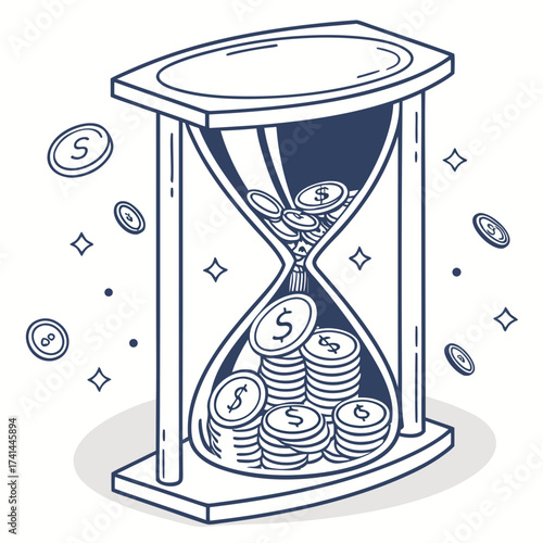 Hourglass with coins representing time is money