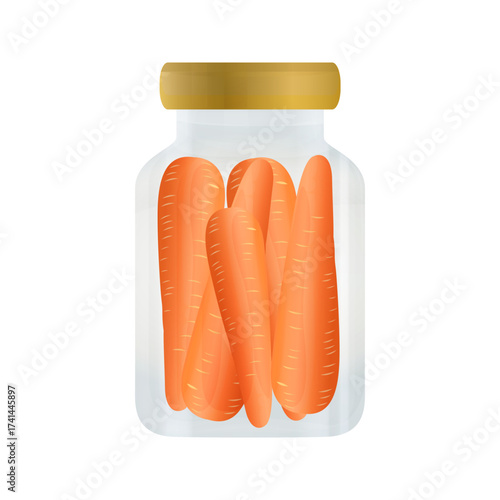 Fresh orange carrots preserved in a clear glass jar with a golden lid