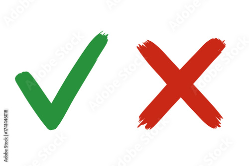 Green checkmark and red cross brush strokes. Isolated yes and no signs, vote symbols, approval and rejection marks, simple graphic design icons on white background.