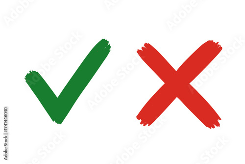 Green checkmark and red cross brush strokes, symbols of approval and rejection, isolated on white background, simple graphic design for yes and no buttons, decision making icons