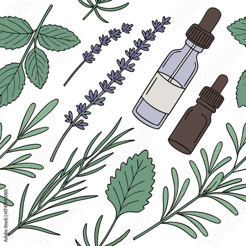 Essential oil bottles and herbs in a pattern