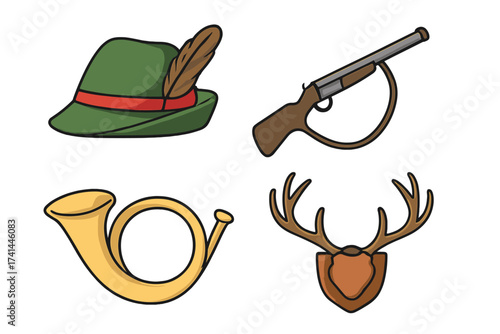 Traditional Tyrolean Hunting Symbols Vector Set with Green Feathered Hat, Vintage Hunting Rifle, Brass Horn, and Mounted Deer Antlers, Cartoon Style Isolated on White