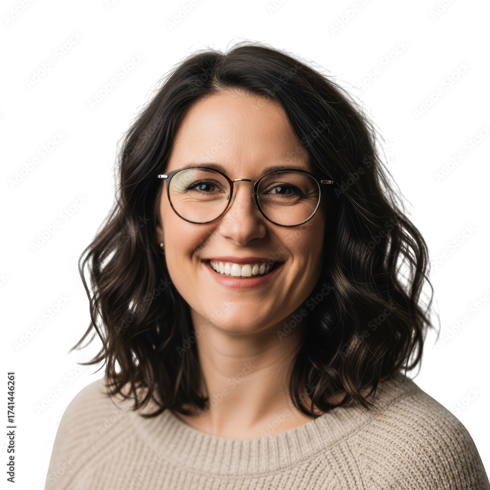 Obraz premium Portrait of a smiling woman wearing glasses and a cream sweater transparent background