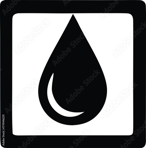 Graphic icon representing a black water drop inside a square border symbolizing purity or liquid