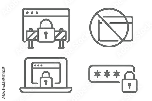 Web page access restriction icons. Limited access symbols with padlock security, password protection, blocked content, internet privacy concepts, technology cybersecurity vector set