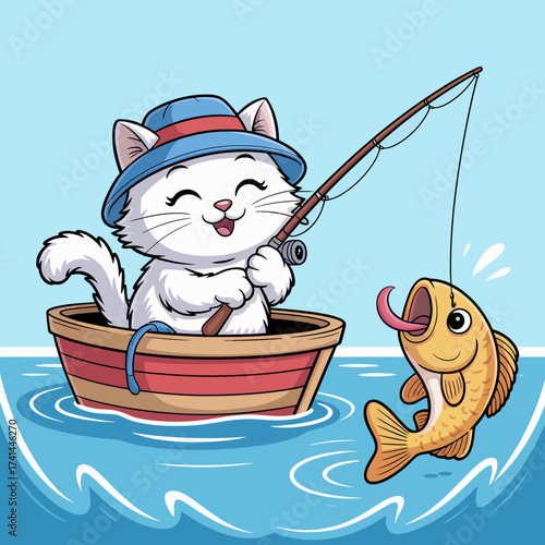 An adorable white cat wearing a blue hat is fishing from a colorful boat, capturing a delightful moment of joy and simplicity in a whimsical aquatic scene.