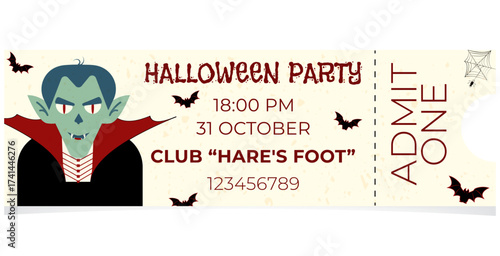 A ticket with a stylized vampire party invitation. Halloween party invitation template for printing and online distribution.