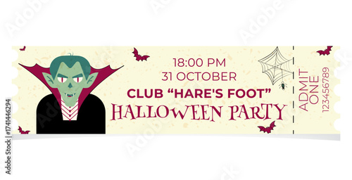 Halloween party ticket with a stylized vampire invitation. Halloween invitation template for printing and online distribution.
