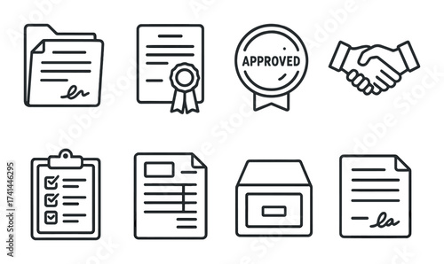 Document management icons set: files, approval, checklist, agreements