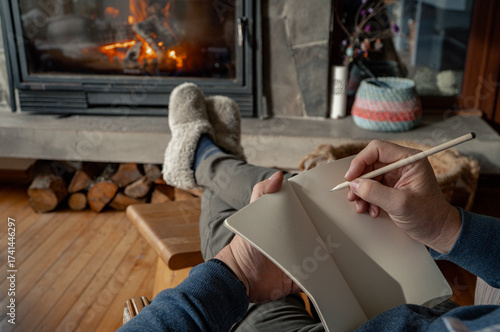 Writing by the fire in cozy winter home