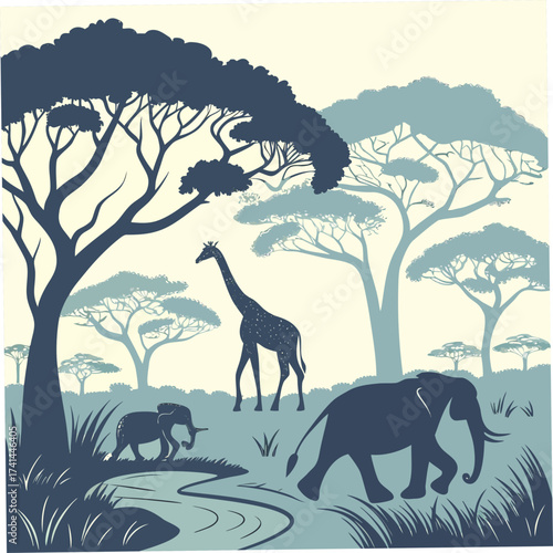 Blue toned african savanna with elephant, giraffe, and acacia tree scenery