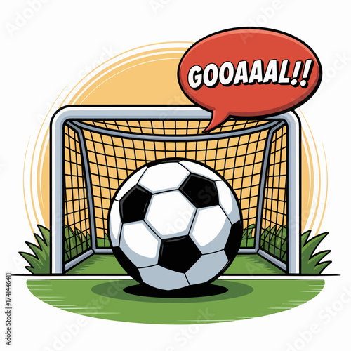A vibrant depiction of a soccer ball entering the goal, capturing the thrill of scoring a goal with the word 'GOOOOAL!!!' in an enthusiastic speech bubble above.