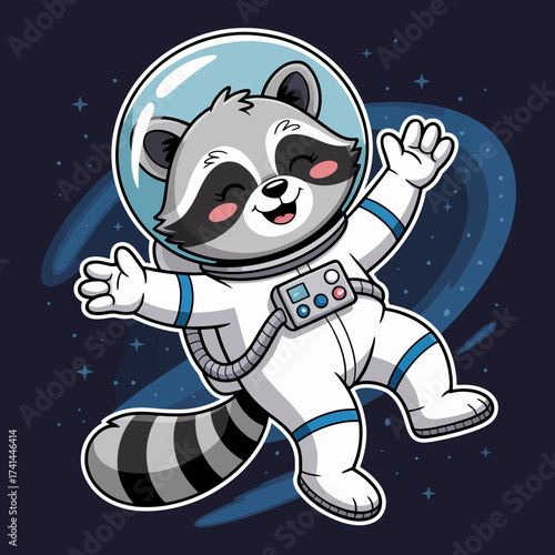 A cheerful raccoon dressed as an astronaut joyfully floating through space, surrounded by stars, embodying adventure, exploration, and the playful spirit of imagination in this whimsical artwork.